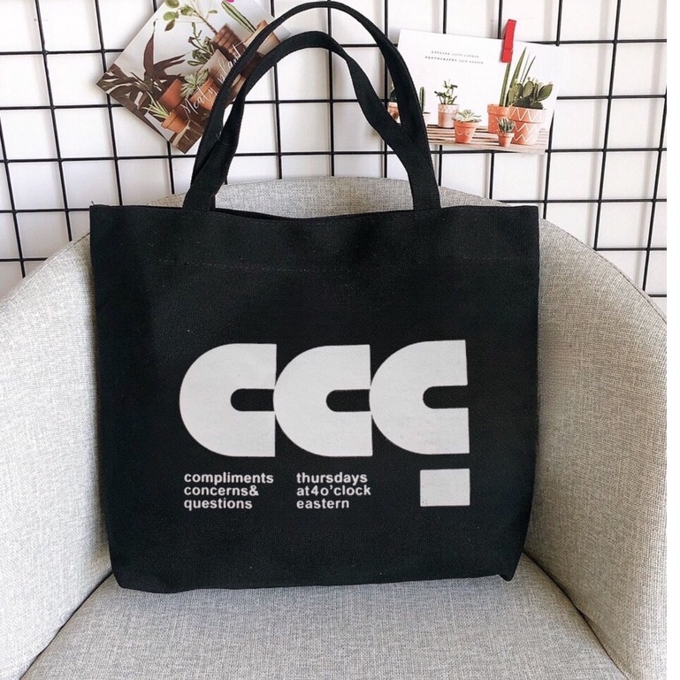 Túi tote Hazin vải canvas ulzzang unisex in chữ CCC có khoá miệng ngăn phụ nhỏ HZ58
