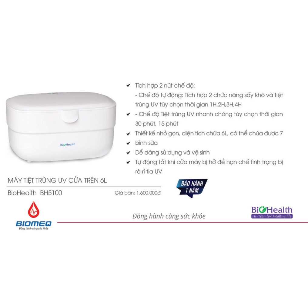 Hộp Tiệt Trùng, Khử Trùng Bình Sữa Bằng Tia UV Cửa Trên Dung Tích 6L - Chính hãng Biohealth BH5100