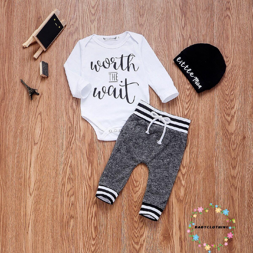 Set romper+quần dài+nón họa tiết in chữ dễ thương xinh xắn cho bé 0-24 tháng