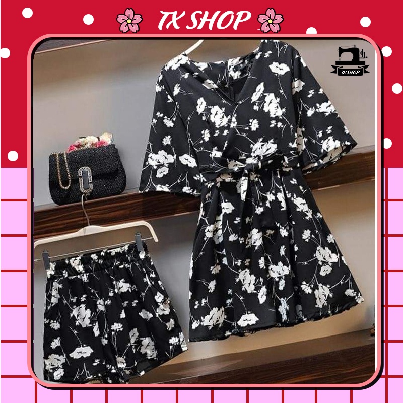 ĐẦM/Jumpsuit HOA ĐEN TRẮNG KÈM QUẦN