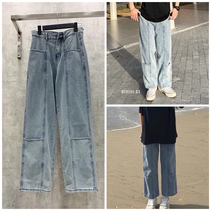 Quần jeans ống suông 1 sọc ngang cho nam và nữ