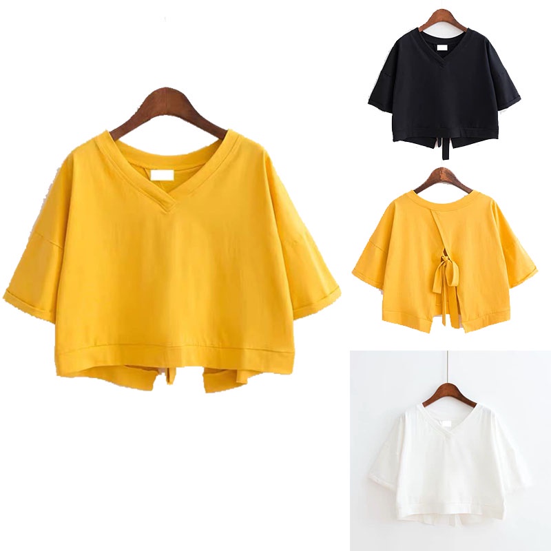 Áo Croptop Tay Ngắn Cổ Chữ V Màu Trơn Thiết Kế Xẻ Tà Sau Lưng Thời Trang Cá Tính Cho Nữ