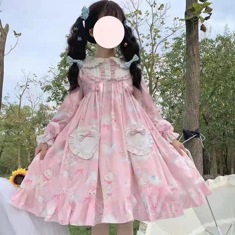 Đầm Lolita Tay Dài Mềm Mại Hoạ Tiết Thỏ Dễ Thương Xinh Xắn