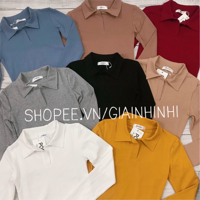 Áo thun Poco cổ bẻ dáng croptop dài tay, Áo phông cổ đức form ngắn AT1387 - NhiNhi Shop