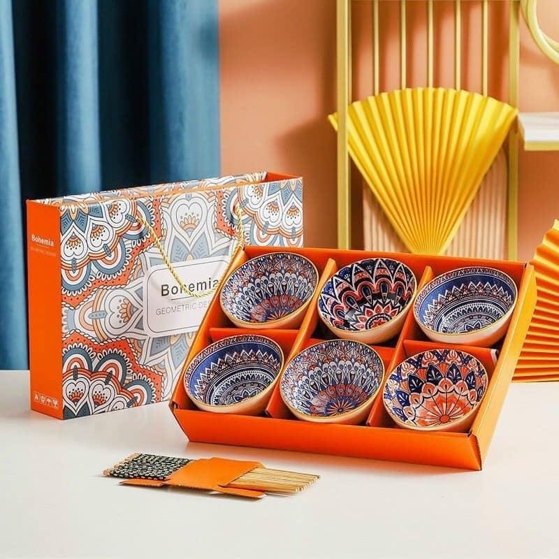 Set 6 Chén Sứ Họa Tiết Vân Nổi Kèm 6 Đôi Đũa Bohemia - Bát Sứ Hoa Văn Thổ Cẩm, Hình Thú Xinh Xắn