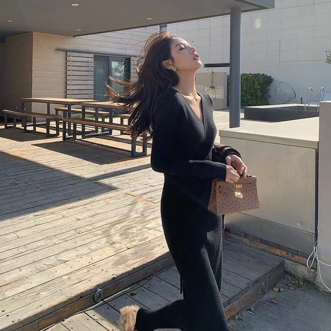 SUXI Đầm ôm tay dài cổ chữ V thiết kế mới thời trang mùa thu gợi cảm cho nữ