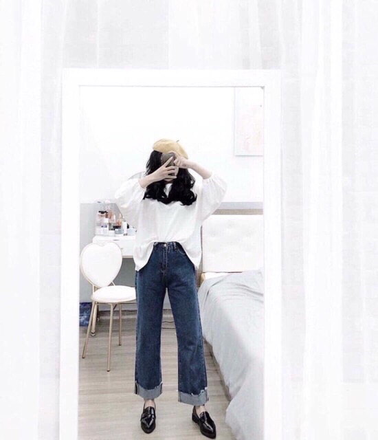 Quần culottes baggy jeans ống rộng lật lai lưng cao ulzzang