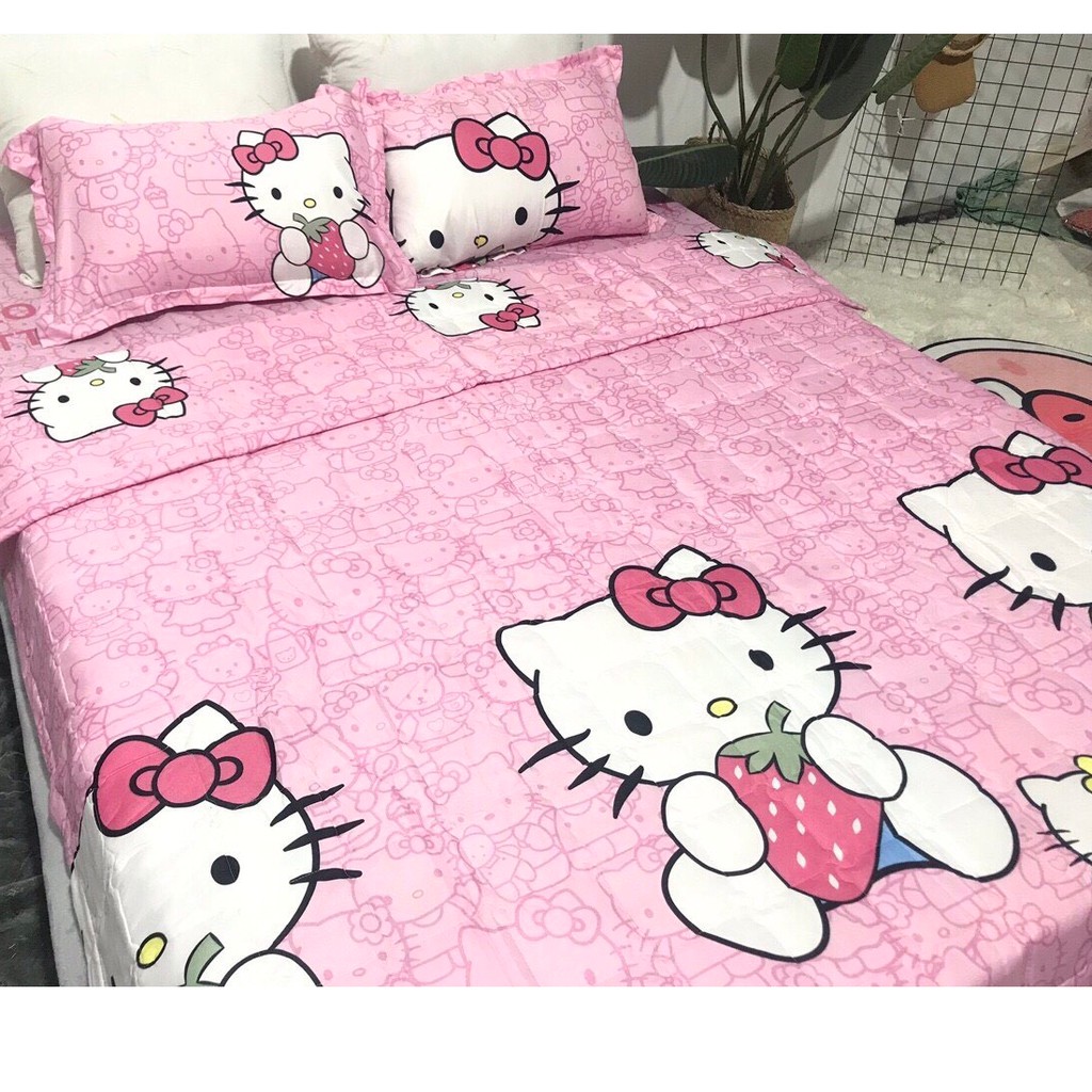 Bộ Chăn Ga Cotton Poly Kitty Hồng Nhạt 5 Món