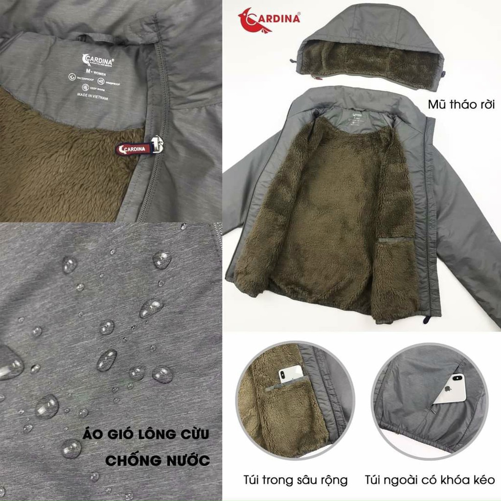 [HOT] Áo gió xước lót lông cừu Nữ Cardina mềm nhẹ chống nước, siêu bền,có mũ tháo rời, màu sắc thanh lịch