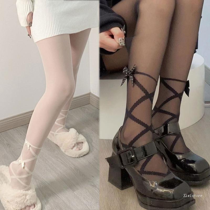 XIXI Quần Tất Lụa Mỏng Đính Nơ Họa Tiết Hình Xăm Phong Cách Lolita Quyến Rũ Cho Nữ