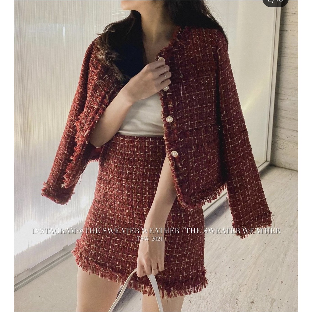 Video/ảnh thật - Set áo khoác dạ tweed cúc ngọc kèm chân váy tua gấu - Dorita Boutique