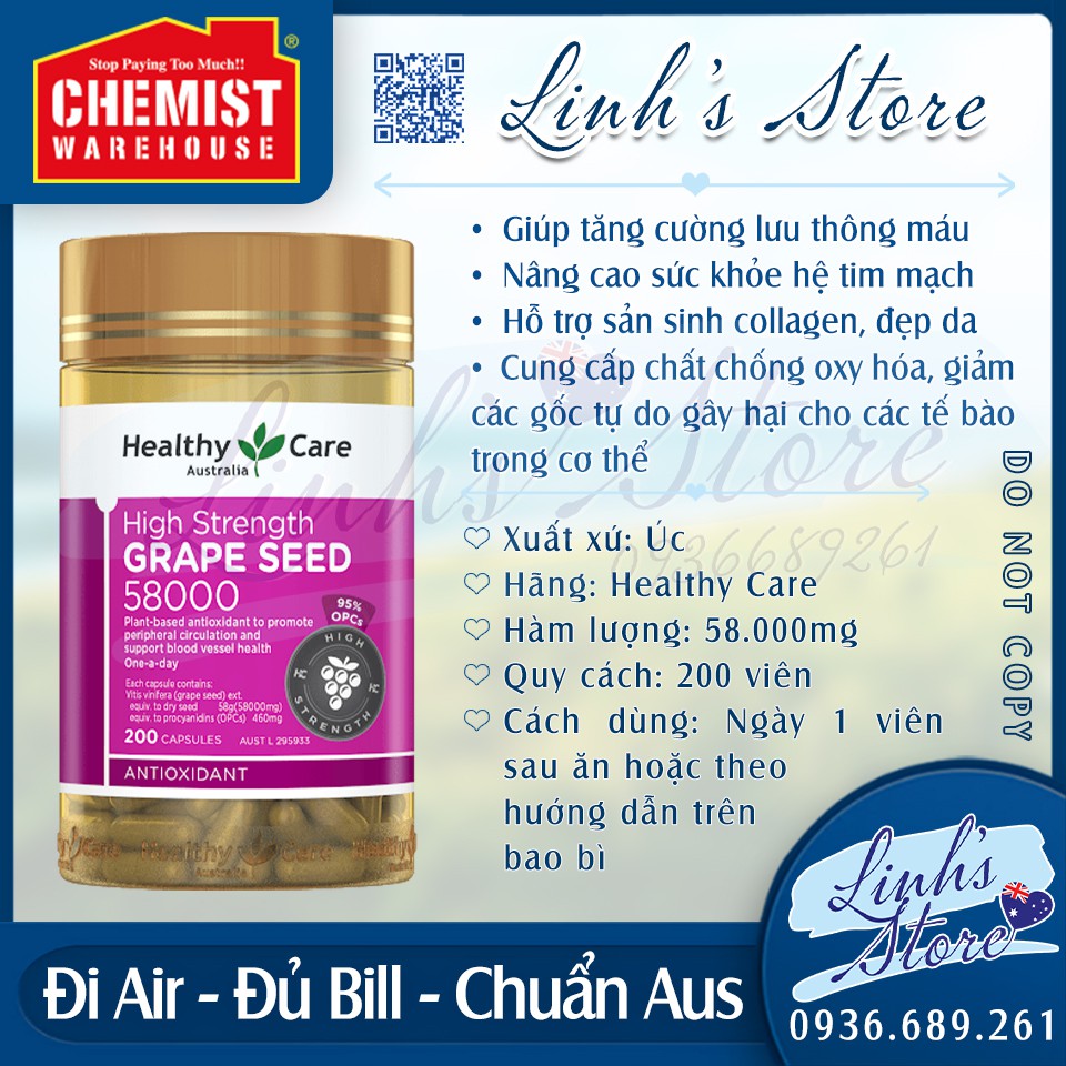 Healthy Care Grape Seed 58000mg - 200 viên 💙 Chemist Warehouse - Úc