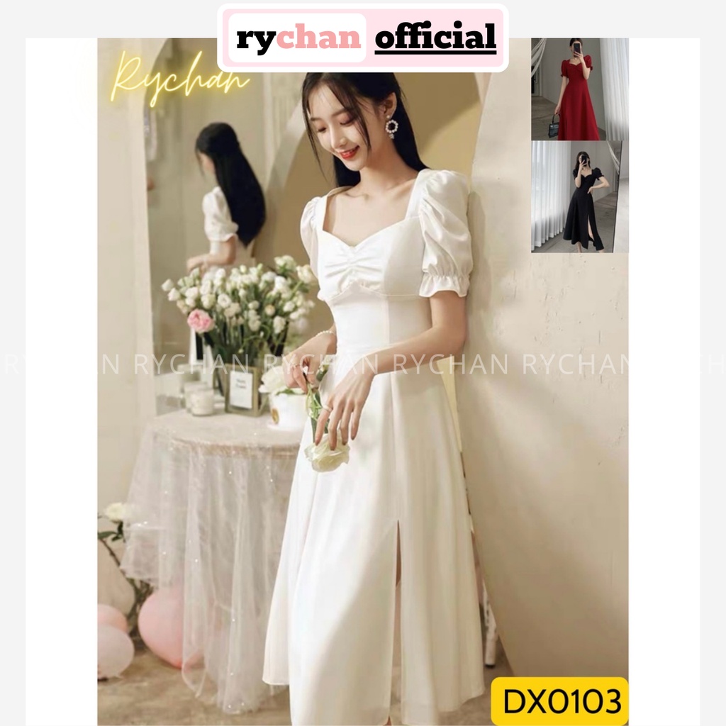 Đầm Dáng Xoè Midi Nhún Ngực Xẻ Tà, Đầm Đen Quyến Rũ Cúp Ngực - DX0103