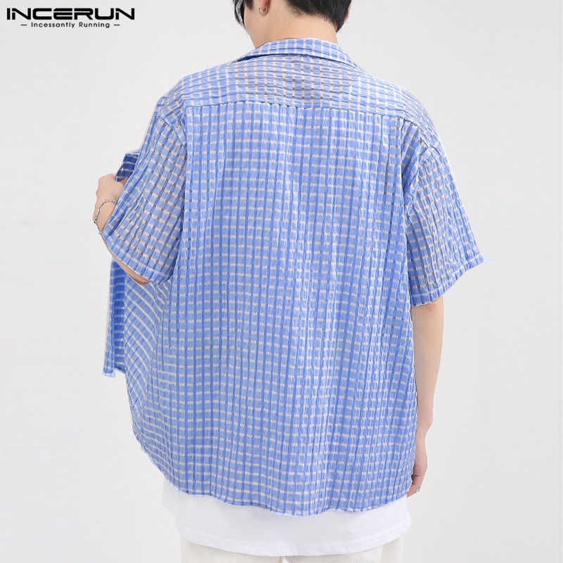 Áo sơ mi INCERUN ngắn tay dáng rộng họa tiết sọc caro phong cách Hàn Quốc cho nam