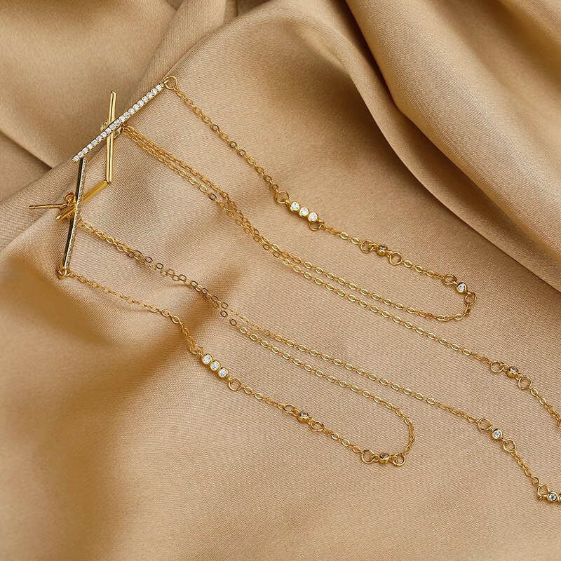 Bông tai mạ bạc 925 dạng dây tua dài đính đá zircon thời trang cho nữ