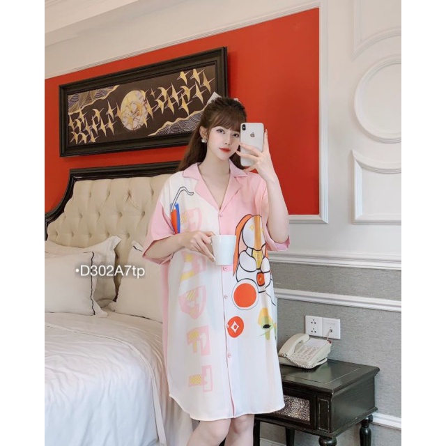 Đầm Nữ mặc ngủ mặc nhà mùa hè, Váy pijama họa tiết hoạt hình tay ngắn dáng lỡ thời trang hè Bebedoll