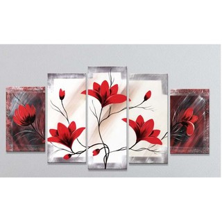 Tranh ghép 5 bức hoa mộc lan đỏ treo trang trí nhà cửa kích thước 30*40cmx2,30*50cmx2,30*60cmx1 đá tròn