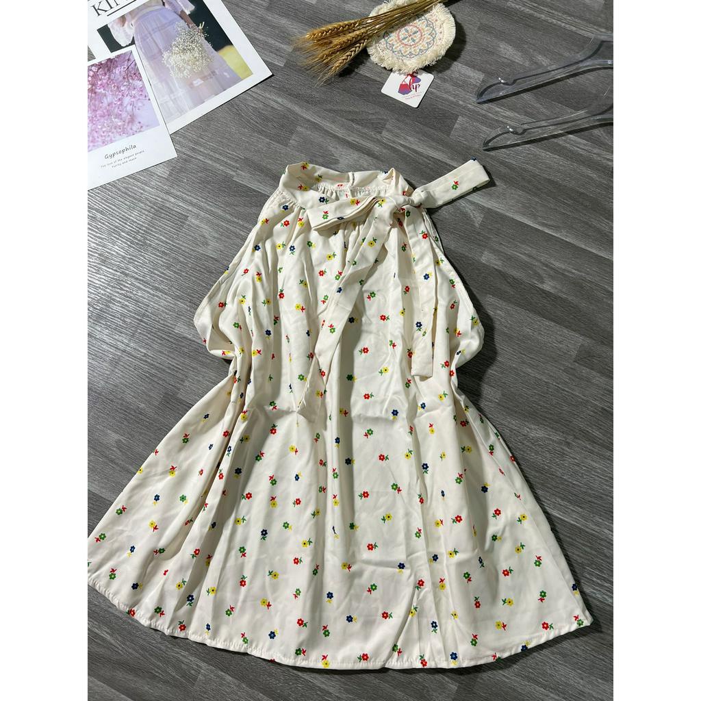 Áo babydoll dáng rông cột nơ sát nách, áo nữ hoa nhí dáng dài G59
