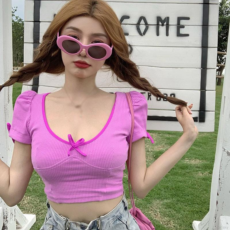 Áo Thun Tay Ngắn Cổ Chữ U Phối Nơ Xinh Xắn Phong Cách Hàn Quốc Dành Cho Bạn Gái