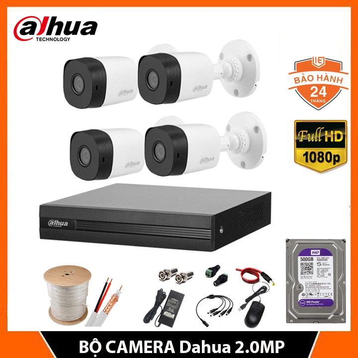 Trọn Bộ Camera giám sát Dahua 2.0MP Chính hãng DSS - Đủ bộ 4 mắt FHD | HD720P, Kèm HDD 500GB + Phụ Kiện