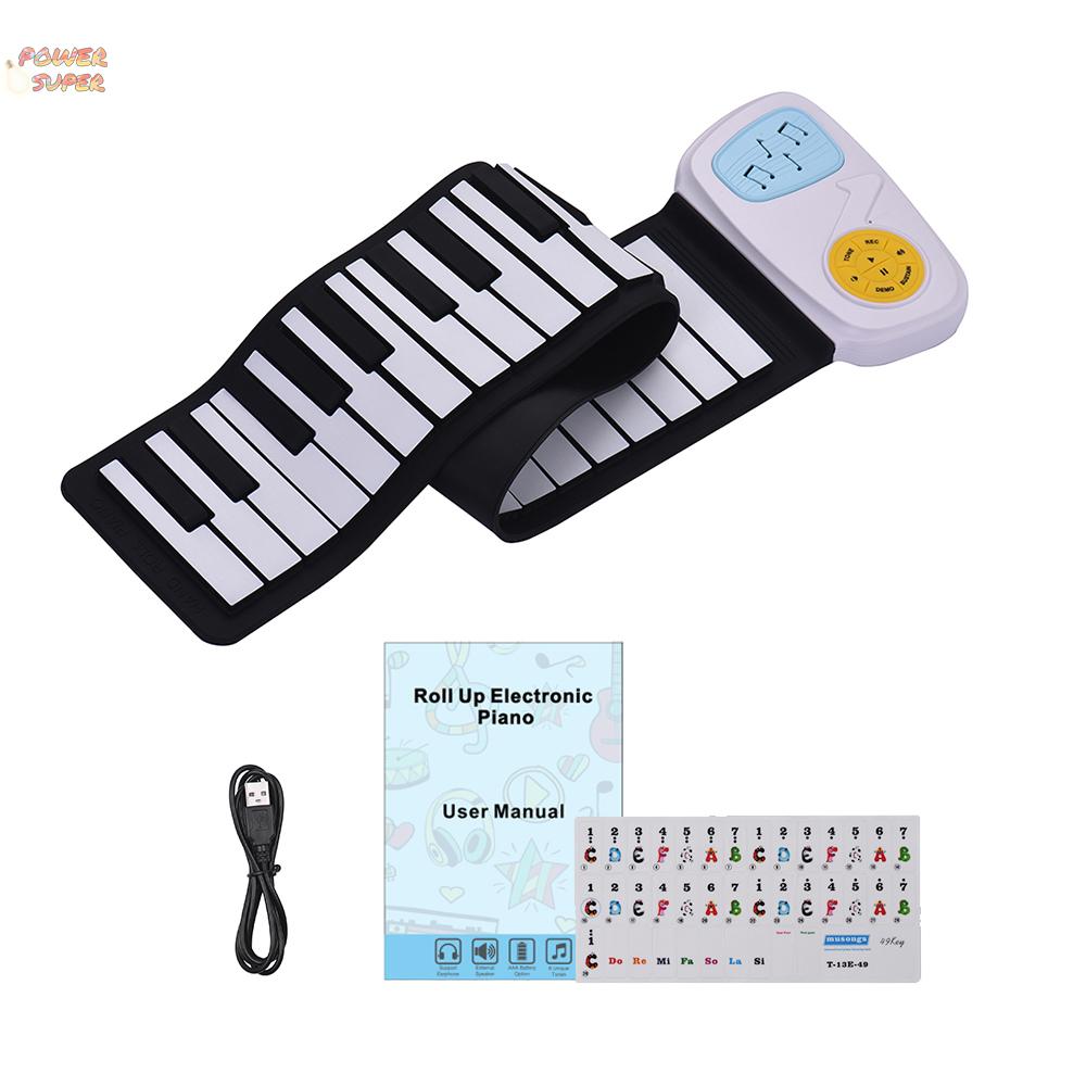 Portable 49-Key Silicon Electronic Keyboard Roll-Up Piano Built-in Speaker With Cartoon Sticker for Children Kids