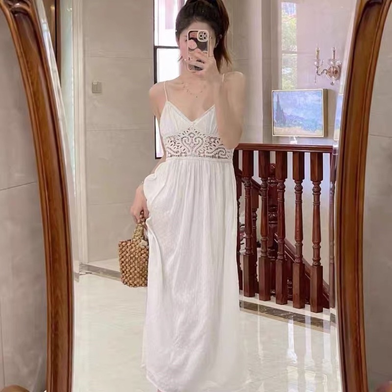 Đầm dây ZA phối ren voan hạt đầm trắng sexy phong cách cổ điển
