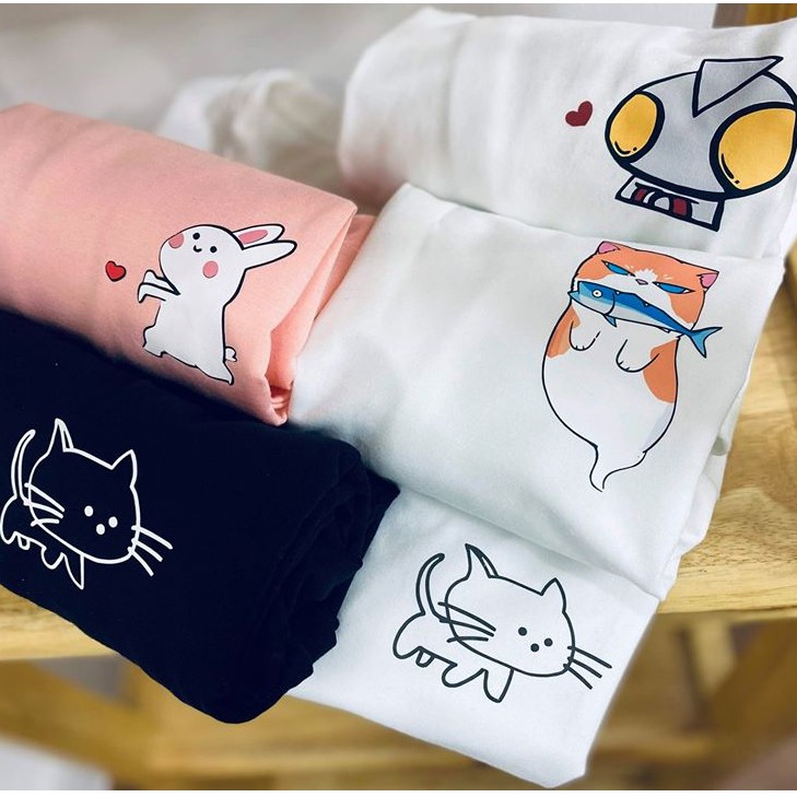 [Hàng Xịn, Gía Tốt] Áo Phông Thun Mèo Ngậm Cá Mini Nam Nữ - Unisex - Cotton - Mã AT034