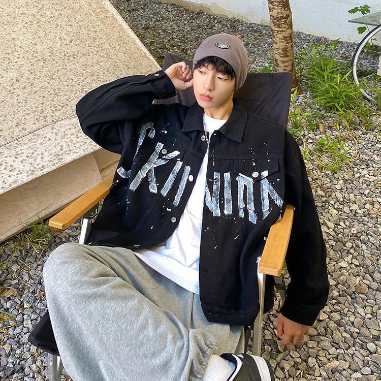 Áo Khoác Denim Dáng Rộng In Chữ Graffiti Phong Cách Đường Phố Mỹ Thời Trang Mùa Xuân Cao Cấp Cho Nam