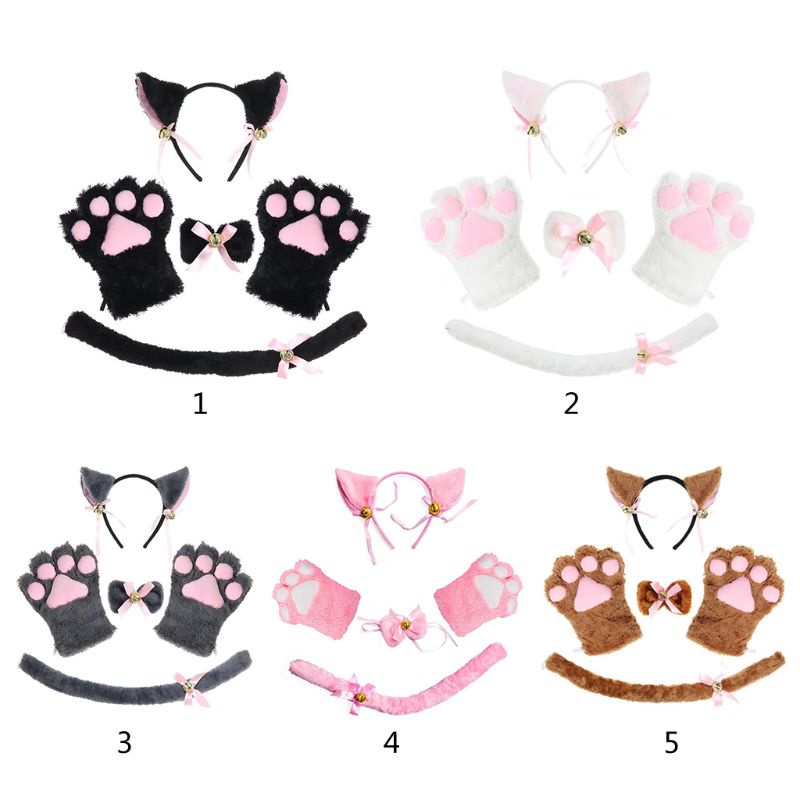 Set cài tóc tai mèo lông xù + nơ cổ + đôi găng tay vuốt mèo + đuôi kiểu dáng gợi cảm dùng để hóa trang cho nữ