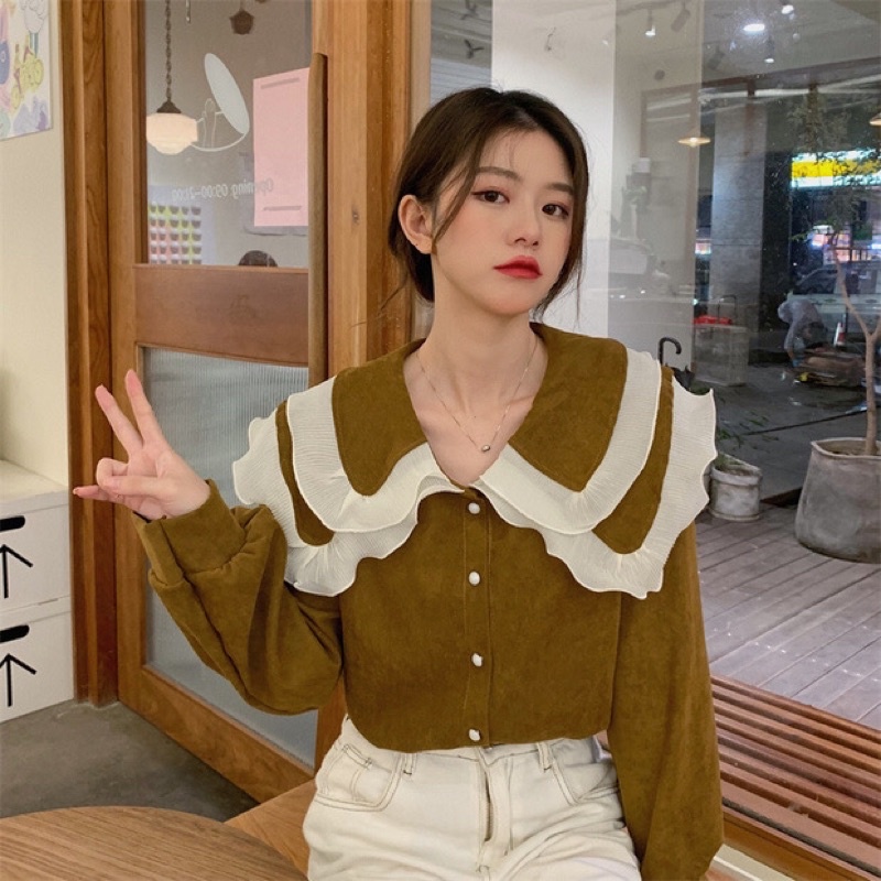 Áo sơmi nữ cổ bèo viền ren nữ tính vải cao cấp dày phù hợp đầu thu đông❤️ | BigBuy360 - bigbuy360.vn