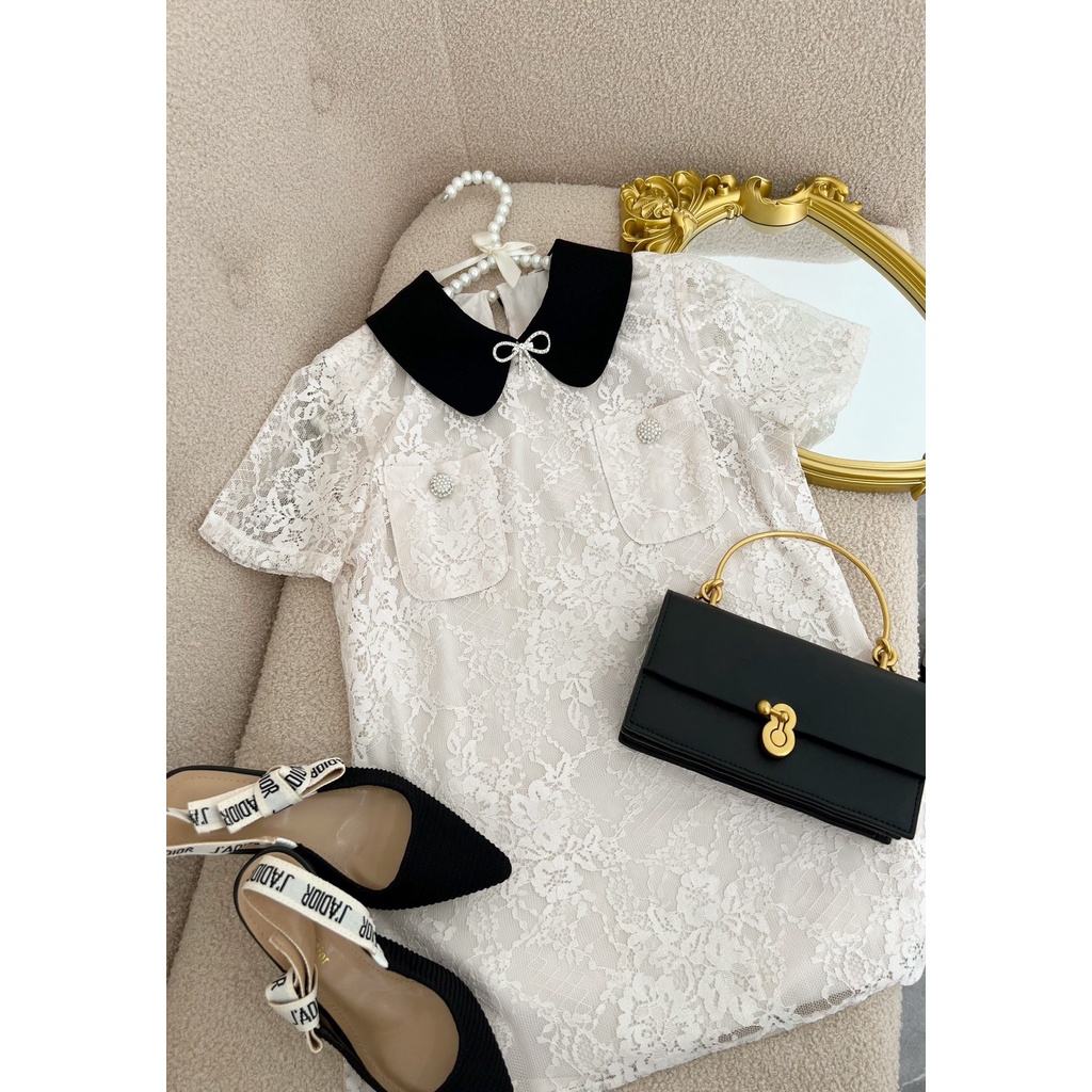 Áo tiểu thư, cổ đen nơ đá và khuy đá túi, MOO Design- ARMD8