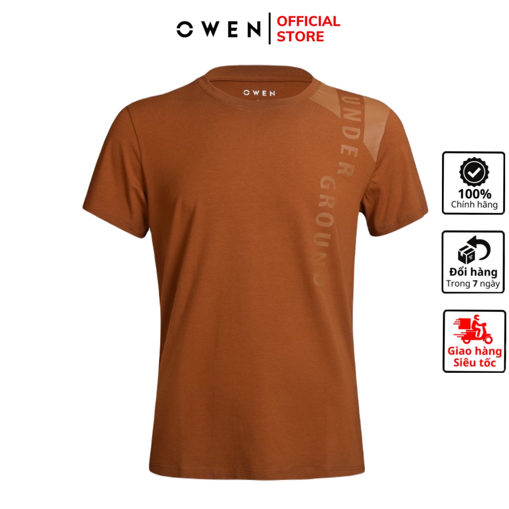 Áo thun nam ngắn tay cổ tròn OWEN TSN220393 phông T-shirt vải cotton cao cấp mềm mát dáng body fit màu nâu in chữ
