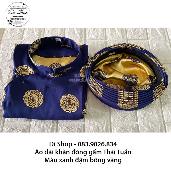 Áo dài khăn đóng truyền thống nam  vải gấm Thái Tuấn chính hãng - MÀU XANH ĐẬM BÔNG VÀNG