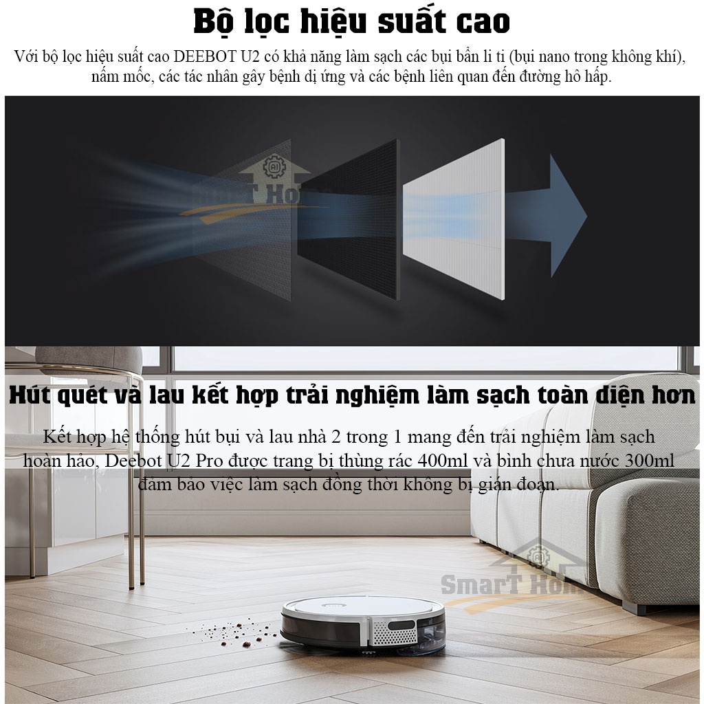 Robot Hút Bụi Lau Nhà Ecovacs Deebot U2 Pro - Robot Lau Nhà Thông Minh Chính Hãng Tự Động Sạc Khi Pin Yếu