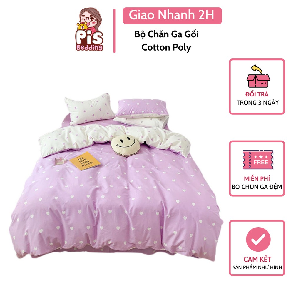 Bộ Chăn Ga Gối Cotton Poly Tim Trắng Phối Tím