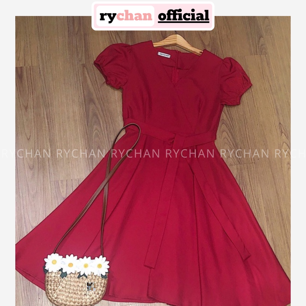 Đầm Xoè Đỏ Đắp Chéo Tay Phồng Cổ V [ẢNH THẬT CUỐI] - DX611