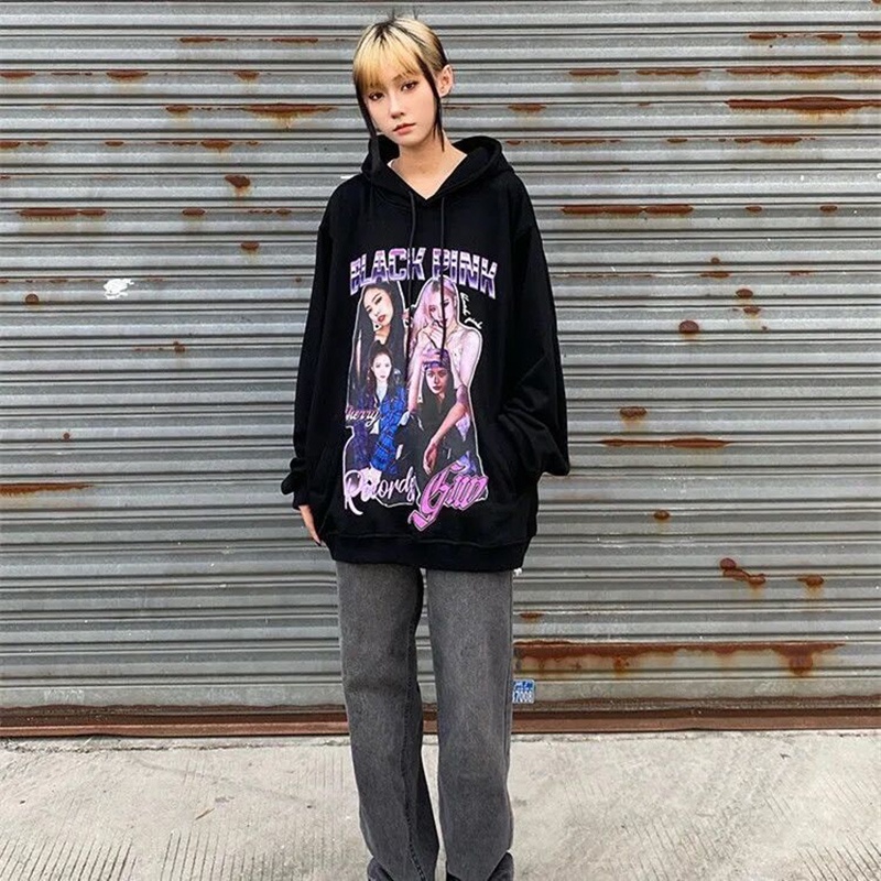 Áo hoodie IELGY màu đen in họa tiết phong cách hip hop dễ phối đồ thời trang cho nữ