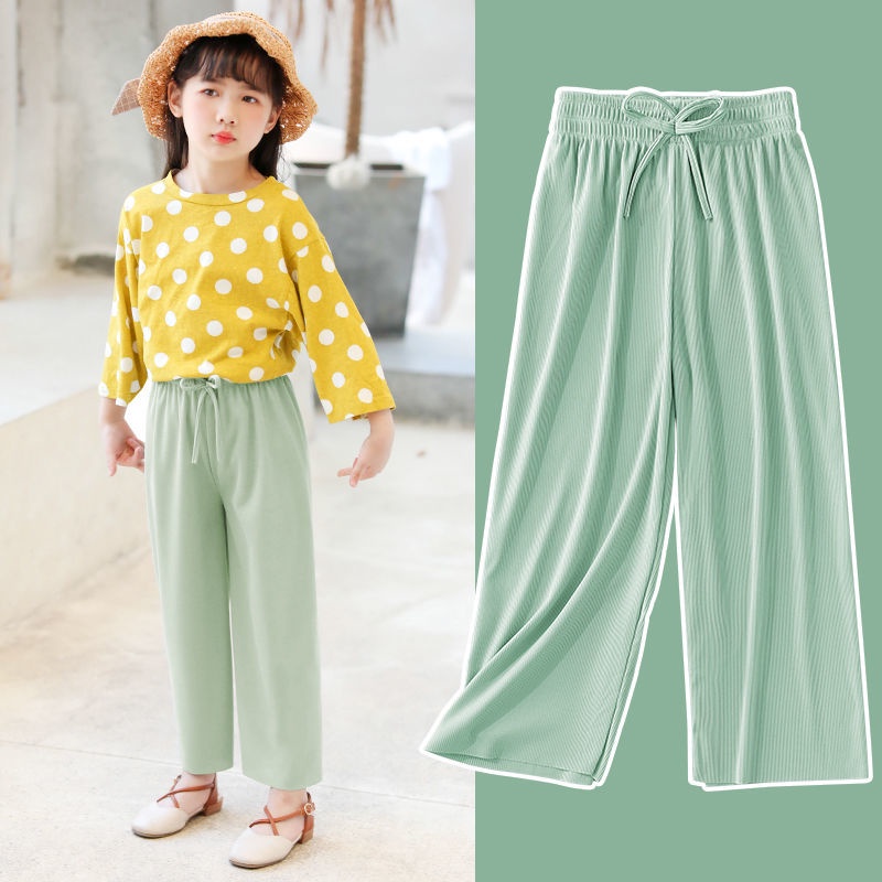 Quần dài ống rộng vải lụa mát nhanh khô thời trang mùa hè cho bé gái