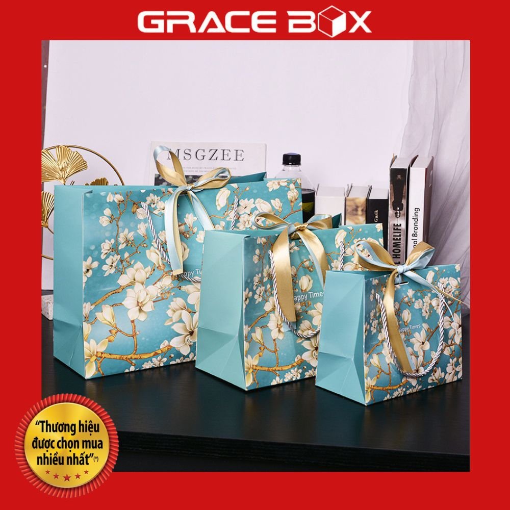Túi Giấy Quà Tặng Hoa Sứ Trắng - Happy Times - Xanh Ngọc - Dây Ruy Băng Đính Kèm Sang Trọng - Siêu Thị Bao Bì Grace Box