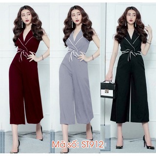 Jumsuit đồ bay liền lửng cổ vest cột eo phối viền trắng xinh xắn