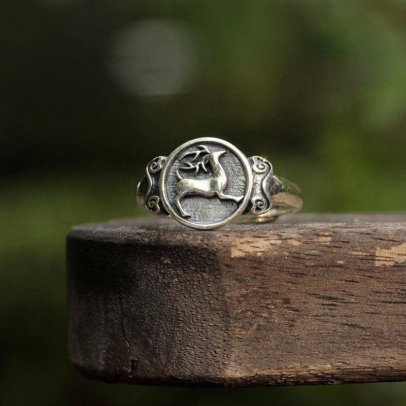 "Tian Lu Yongchang" Trung Quốc S925 Sterling Silver Văn học Nhẫn Nhẫn Fawn Ring Phong cách retro Cá tính cổ điển