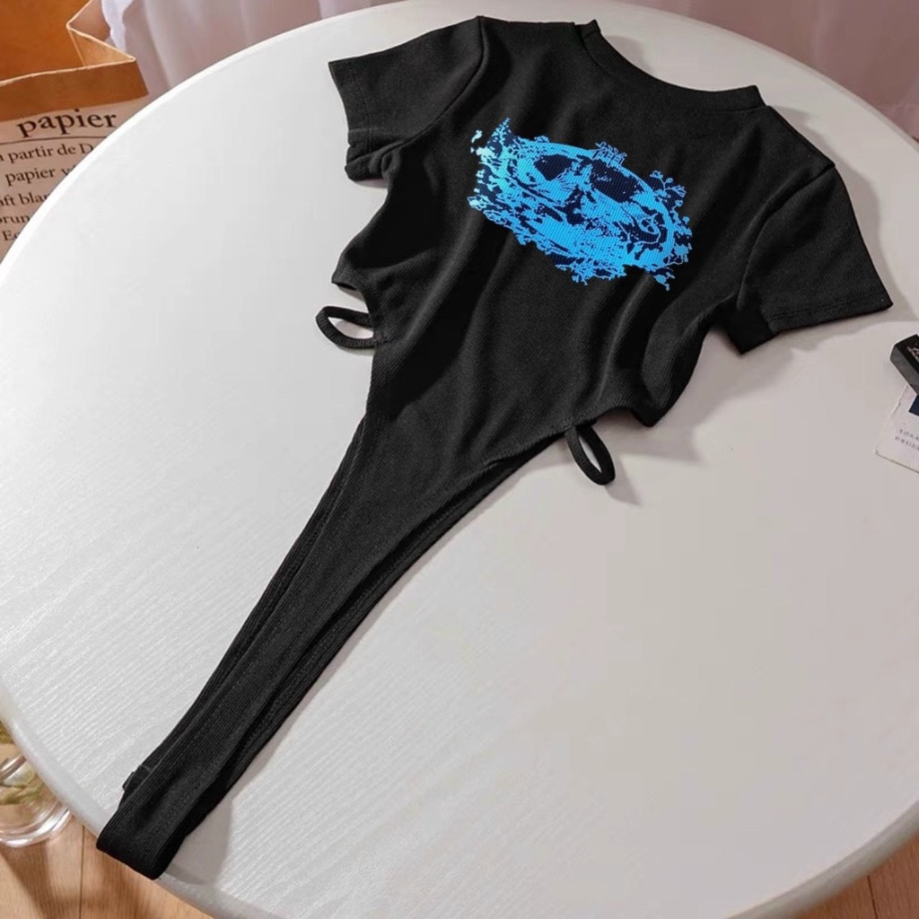 Áo bodysuit in hình cảnh vật chất thun gân đẹp ảnh thật na