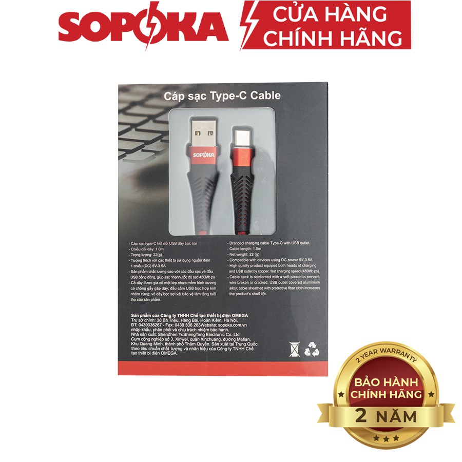 Cáp sạc nhanh Type C SOPOKA TC-01 TC-02 3,5A tốc độ 450Mb/s 2 màu đen, đỏ