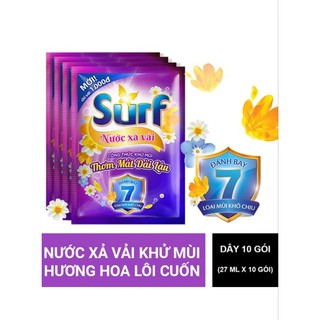 Nước Xả Vải SURF dây 10 gói x 27ml Khử Mùi Hương Hoa Lan Tỏa (Hồng) và Hương Hoa Lôi Cuốn (Tím) 27 ml