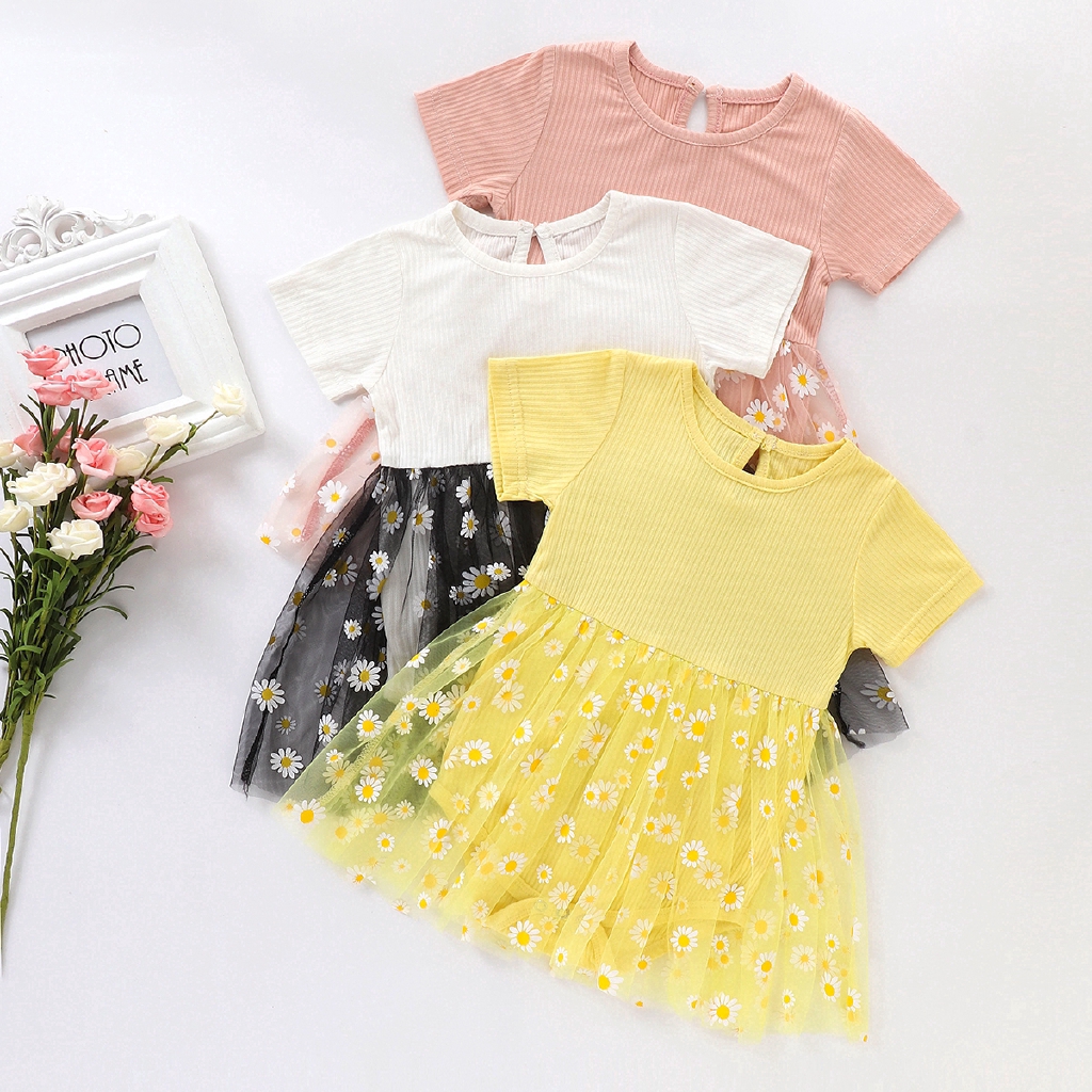 Romper cotton phối lưới hoa cúc thời trang hè đáng yêu dành cho trẻ sơ sinh