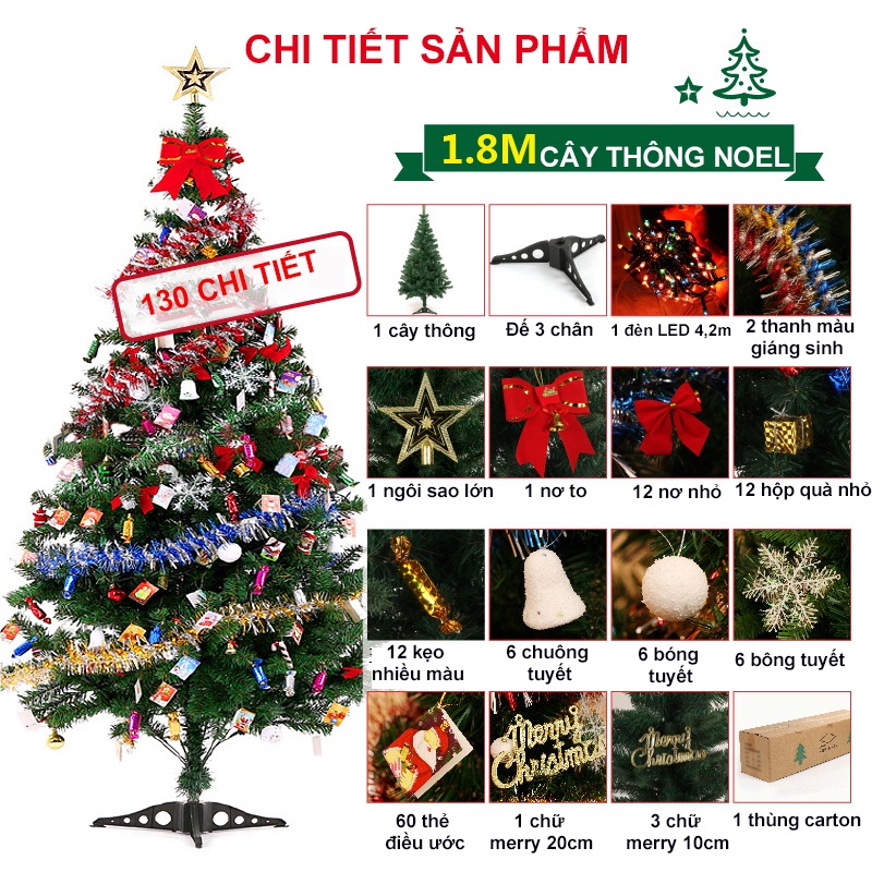 Cây Thông Noel 1m8 - Cây Thông Giáng Sinh Cỡ Lớn Tặng Kèm 130 Phụ Kiện Trang Trí và Đèn Nháy