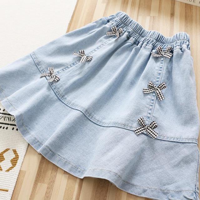 Chân Váy Denim Dáng Chữ a Lưng Cao Màu Trơn Đính Nơ Phong Cách Phương Tây Mới Cho Bé Gái