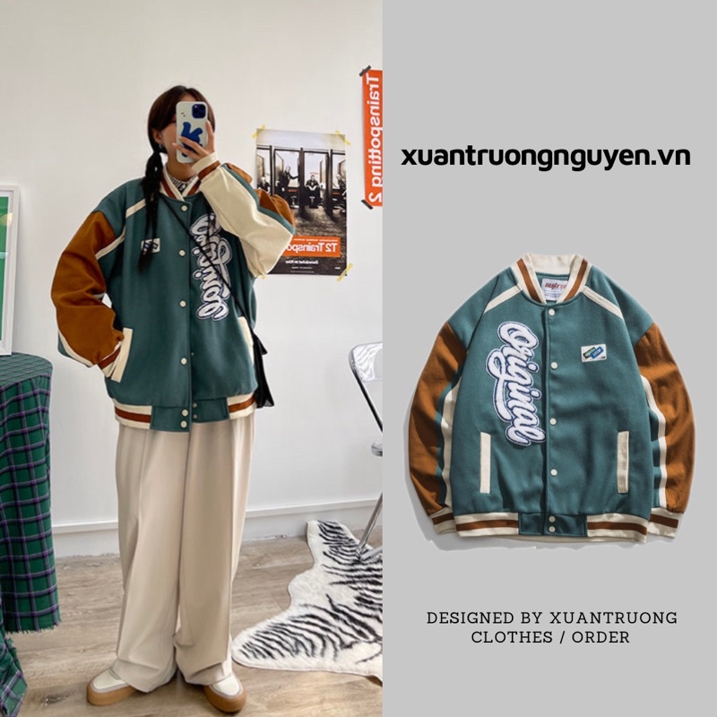 Áo khoác bomber jacket varisity nam nữ chữ thêu phối màu cực lạ phong cách bóng chày [ Có ảnh thật ở sau ]