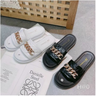 Dép Nữ Sandal quai ngang dây xích mạ vàng, giả đính đá - đế bánh mỳ - New trend 2022-1000002