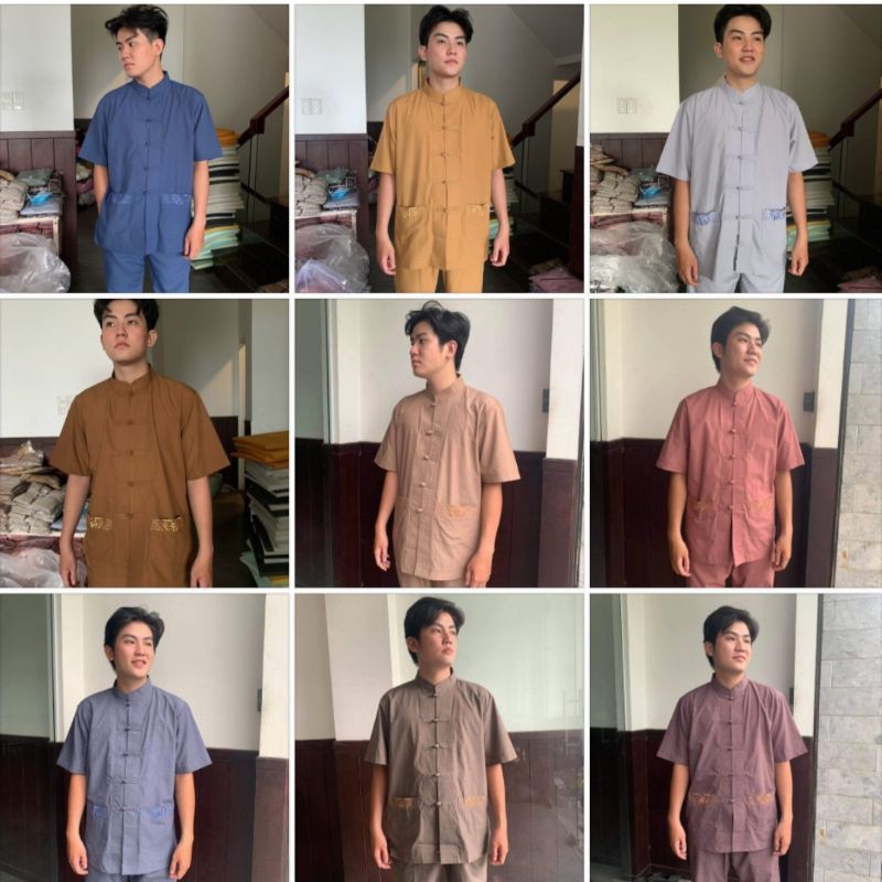 Bộ quần áo mặc nhà, Quần Áo nữ Phật Tử, đồ lam Đi Chùa mẫu nam thêu túi tay ngắn DN05N